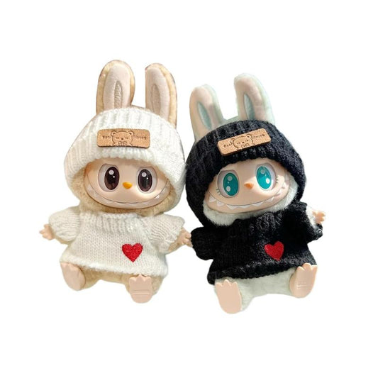 2Pcs Knit Outfit Set with Hat & Clothes, Labubu Clothes for 17Cm Doll Black & White Casual Style